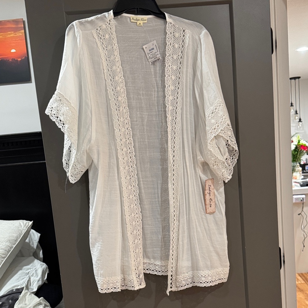 White Lace Trim Kimono Cardigan